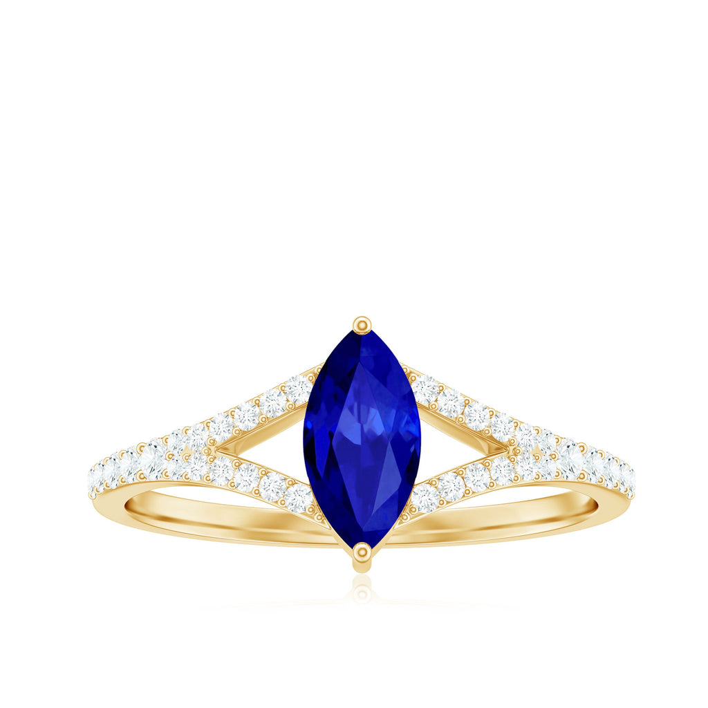Certified 0.75 Carat Lab Grown Blue Sapphire Marquise Engagement Ring with Diamond Split Shank