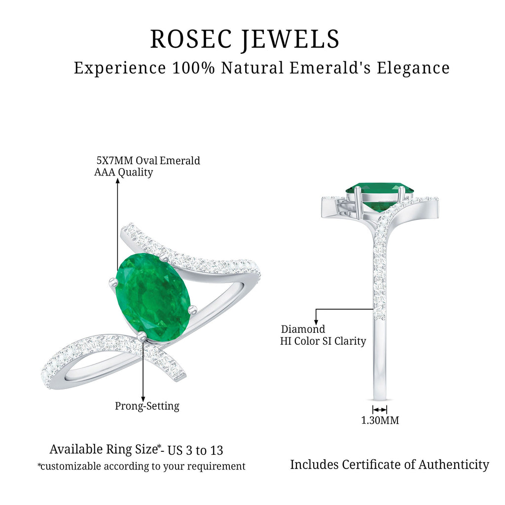 Oval Shaped Emerald Bypass Engagement Ring with Diamonds