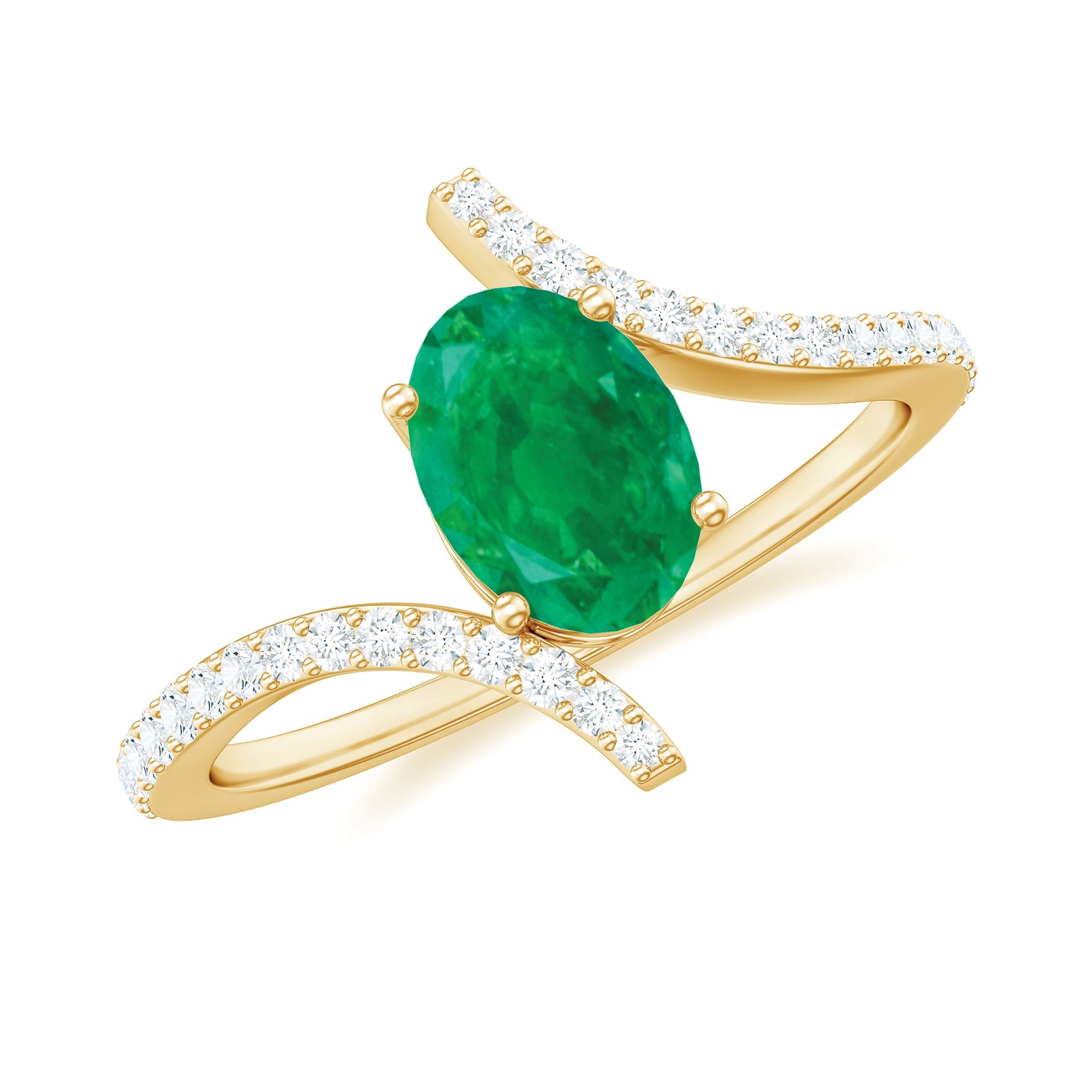 Oval Shaped Emerald Bypass Engagement Ring with Diamonds