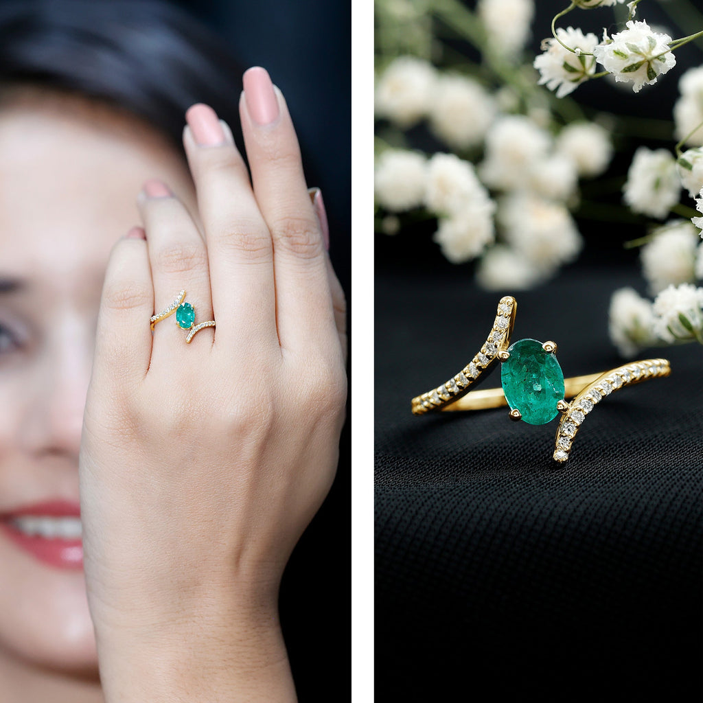 Oval Shaped Emerald Bypass Engagement Ring with Diamonds