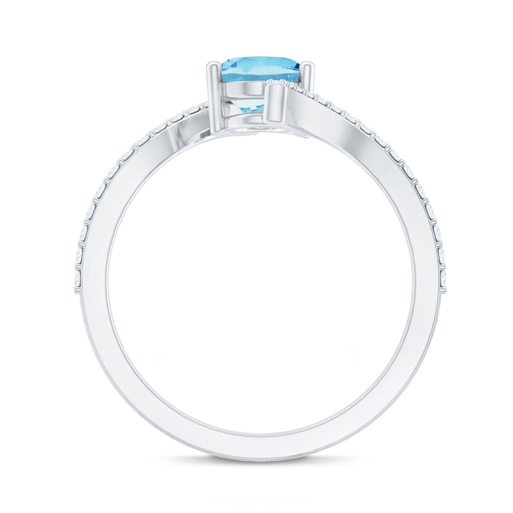 Real 1 Carat Aquamarine Oval Engagement Ring with Diamond Bypass Shank