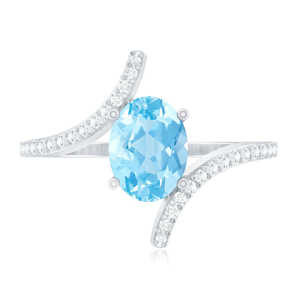 Real 1 Carat Aquamarine Oval Engagement Ring with Diamond Bypass Shank