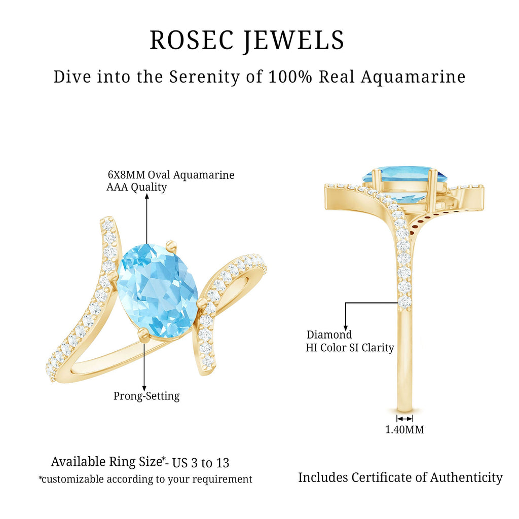 Real 1 Carat Aquamarine Oval Engagement Ring with Diamond Bypass Shank