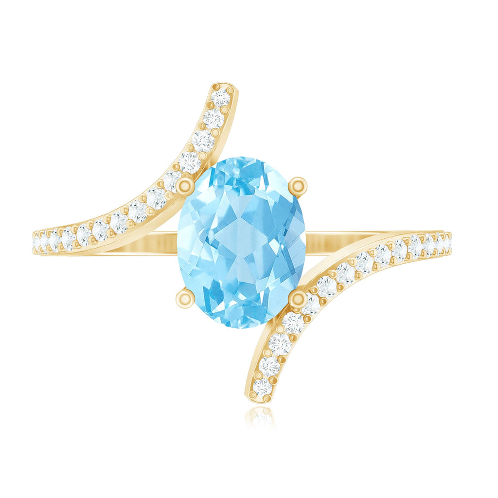 Real 1 Carat Aquamarine Oval Engagement Ring with Diamond Bypass Shank
