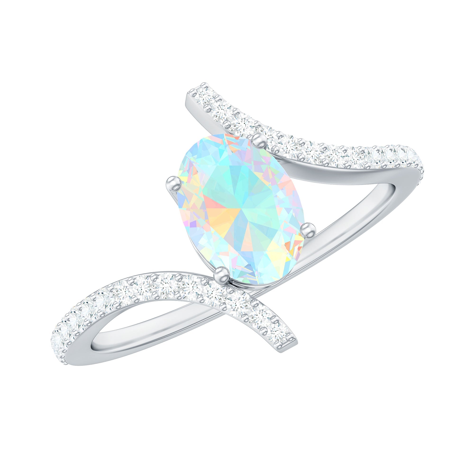 Natural Ethiopian Opal Oval Engagement Ring with Diamond Bypass Shank