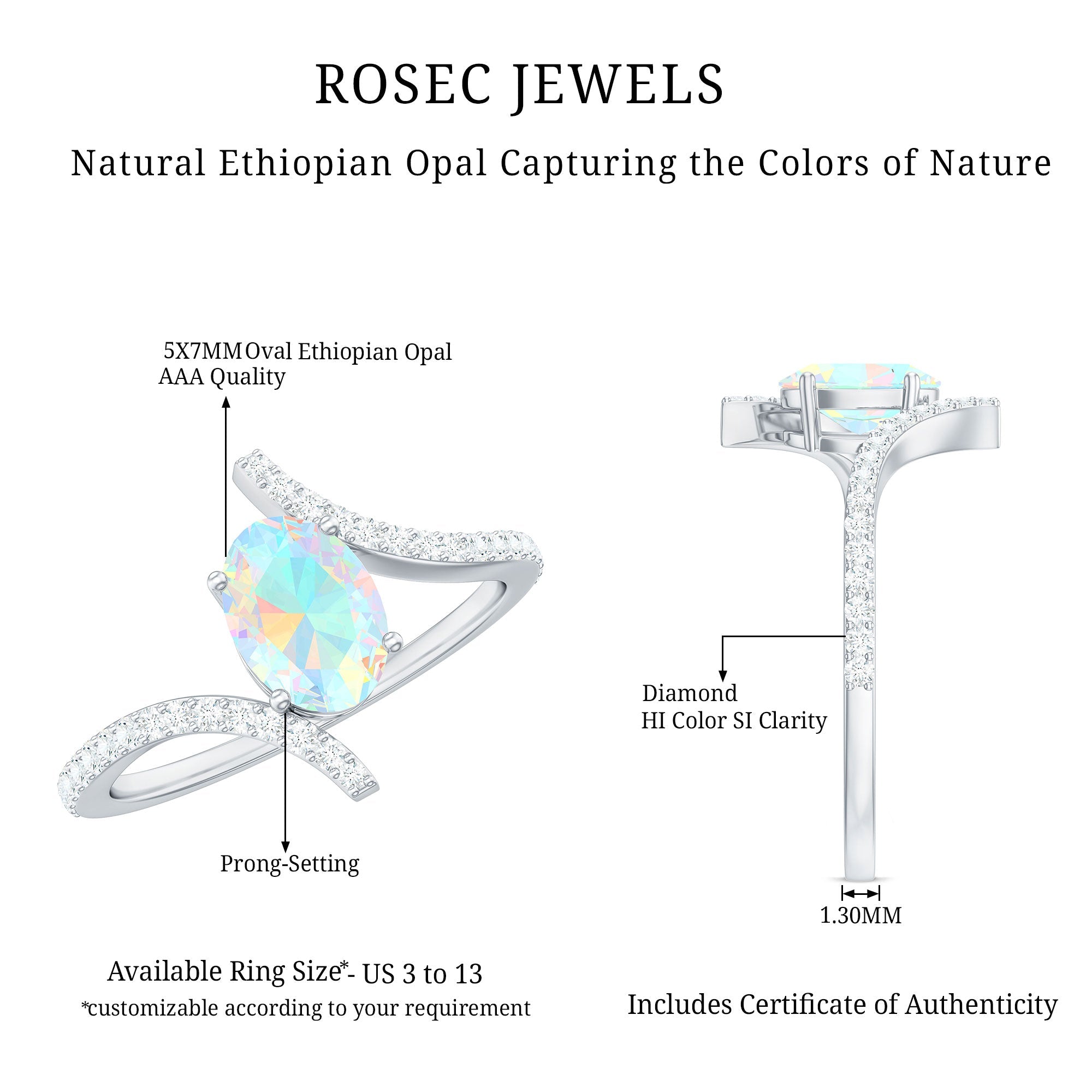 Natural Ethiopian Opal Oval Engagement Ring with Diamond Bypass Shank