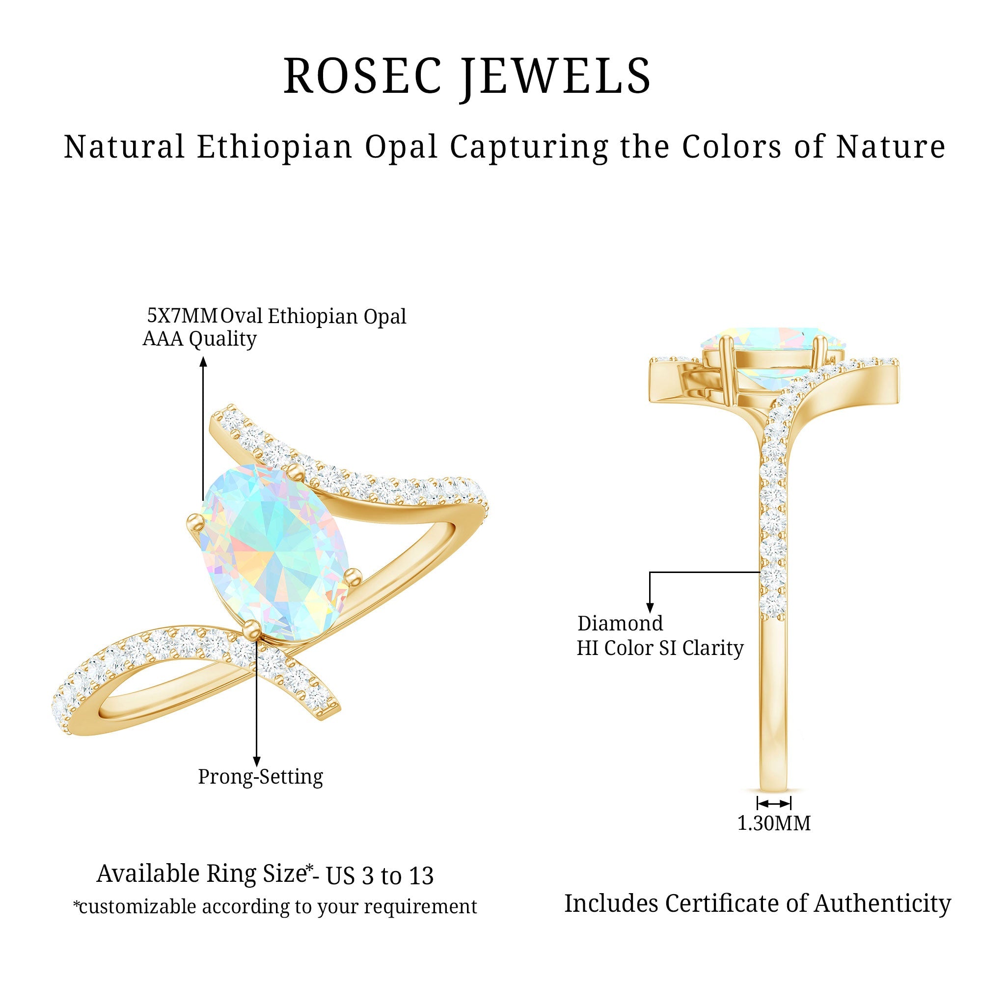 Natural Ethiopian Opal Oval Engagement Ring with Diamond Bypass Shank