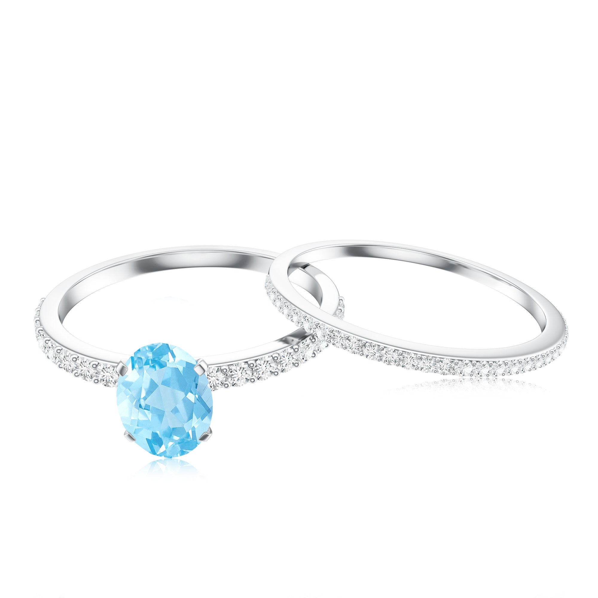 Natural Aquamarine Diamond Oval Engagement Ring with Wedding Band
