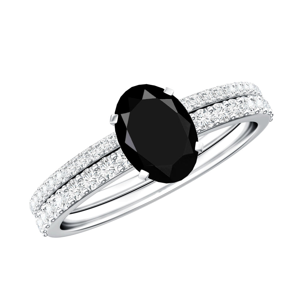 1 Carat Oval Cut Black Onyx Solitaire Rings Set with Diamond Wedding Band