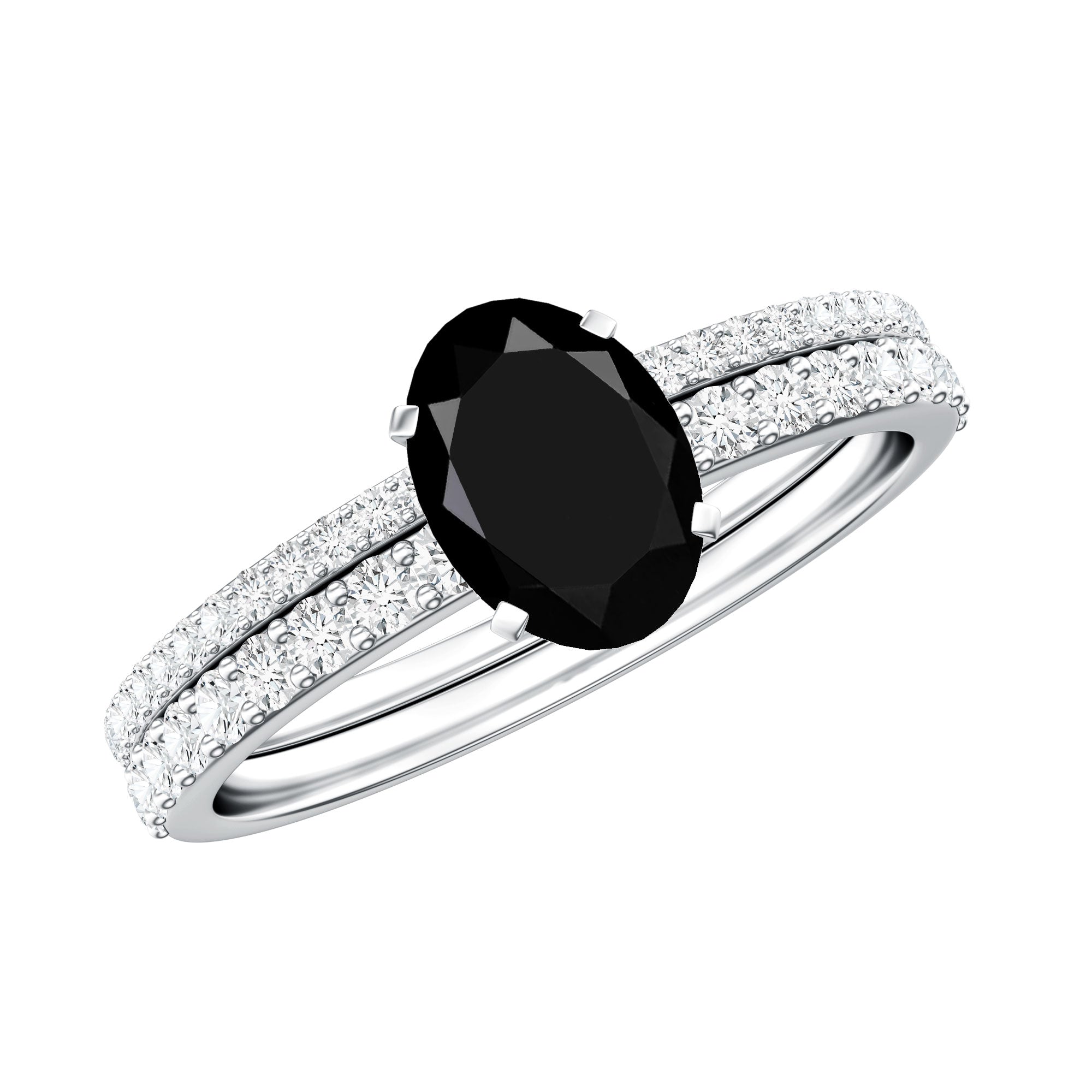 1 Carat Oval Cut Black Onyx Solitaire Rings Set with Diamond Wedding Band
