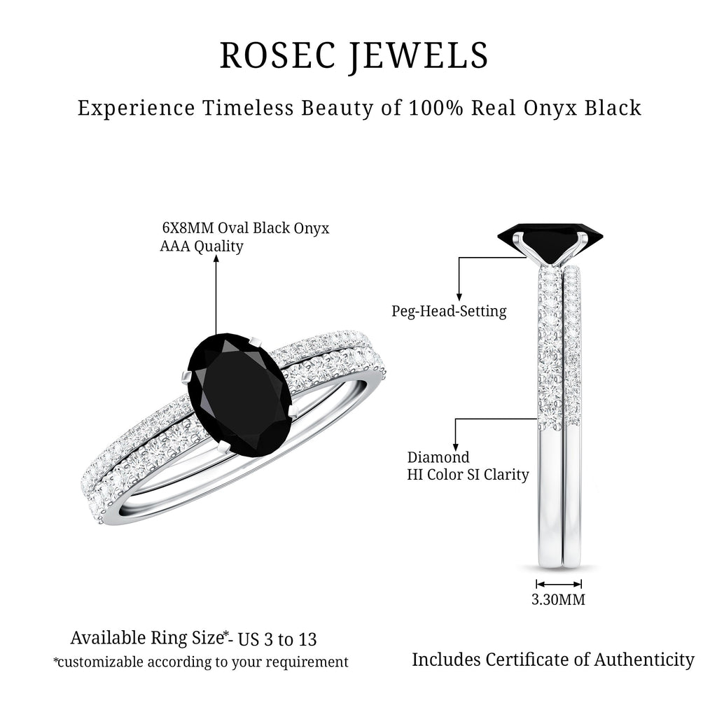 1 Carat Oval Cut Black Onyx Solitaire Rings Set with Diamond Wedding Band