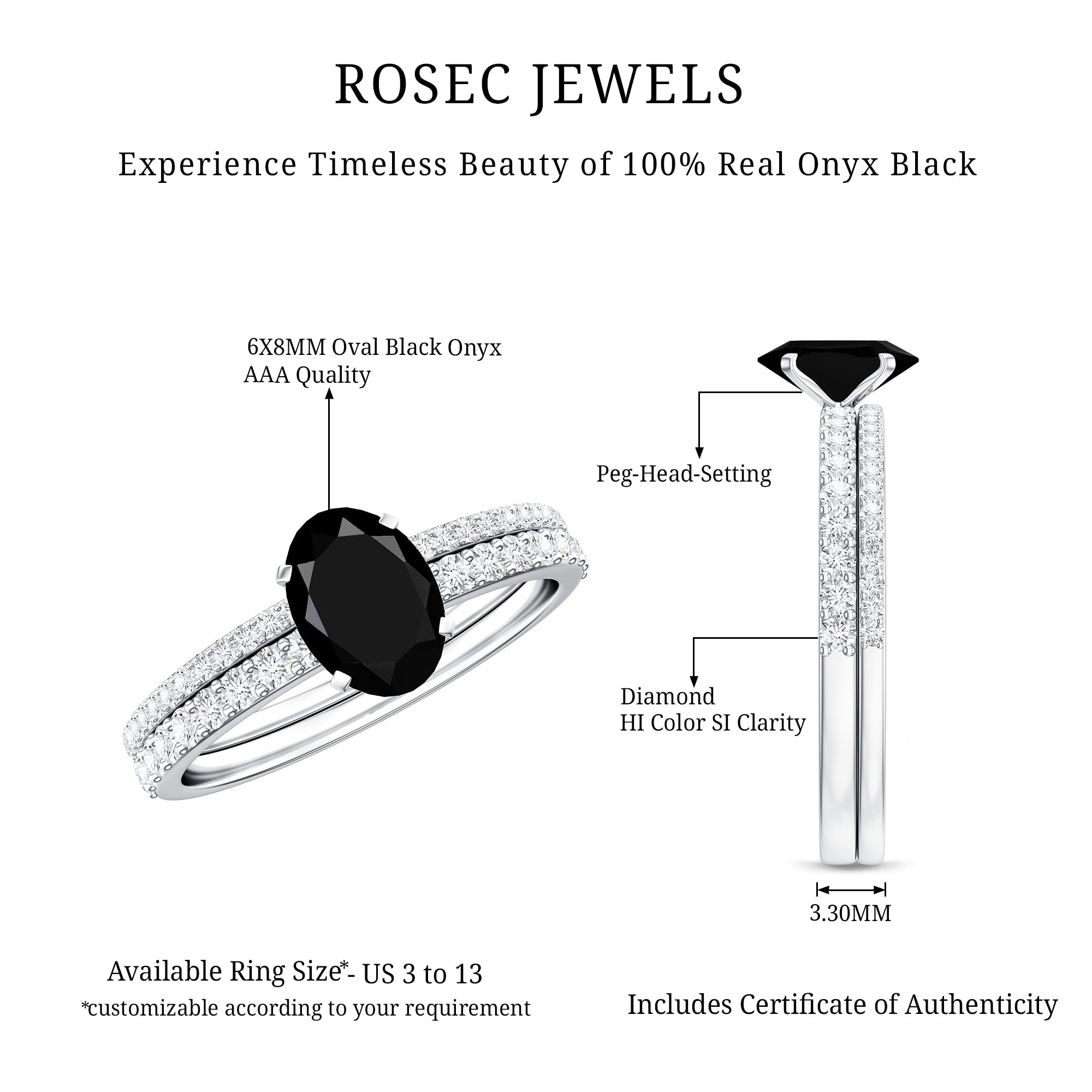 1 Carat Oval Cut Black Onyx Solitaire Rings Set with Diamond Wedding Band