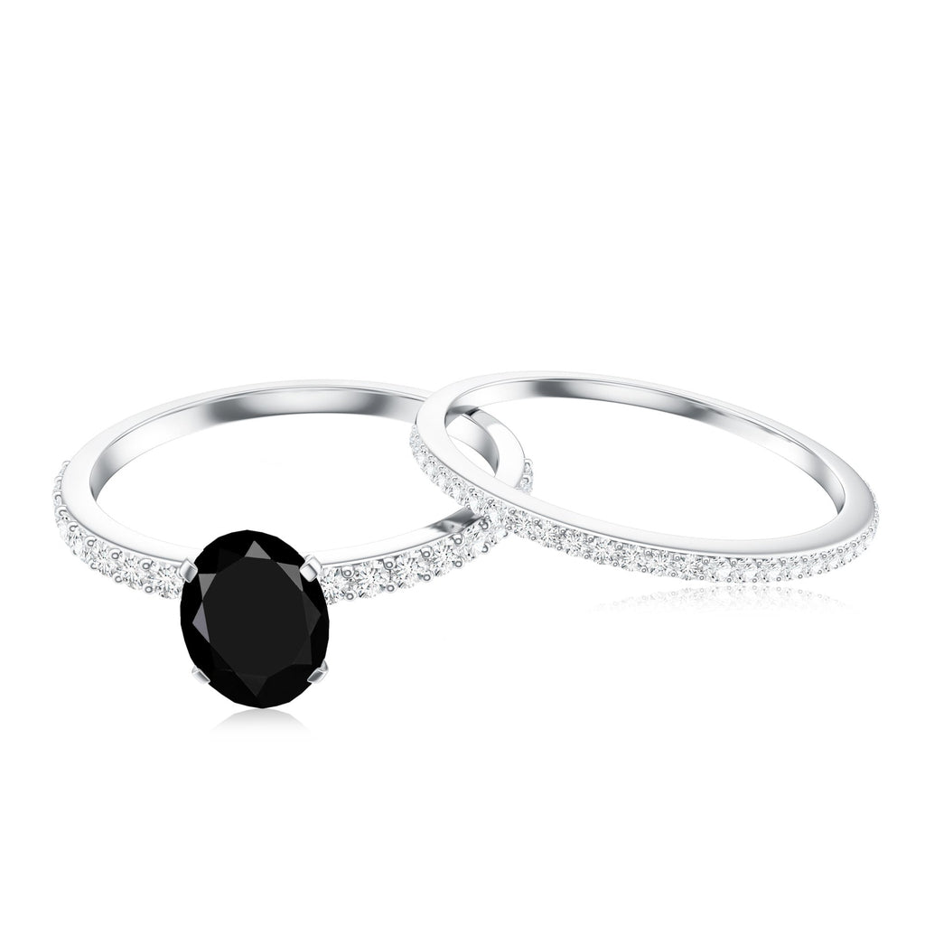 1 Carat Oval Cut Black Onyx Solitaire Rings Set with Diamond Wedding Band