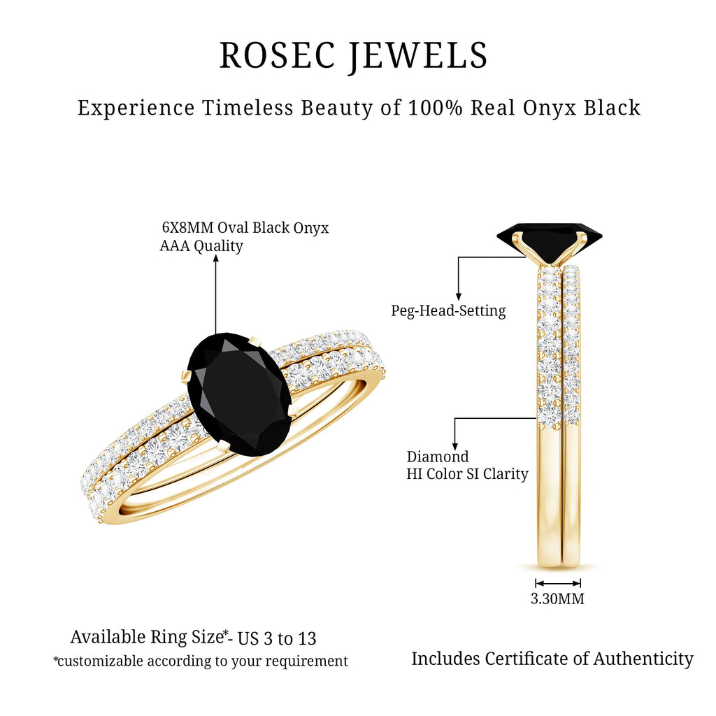 1 Carat Oval Cut Black Onyx Solitaire Rings Set with Diamond Wedding Band