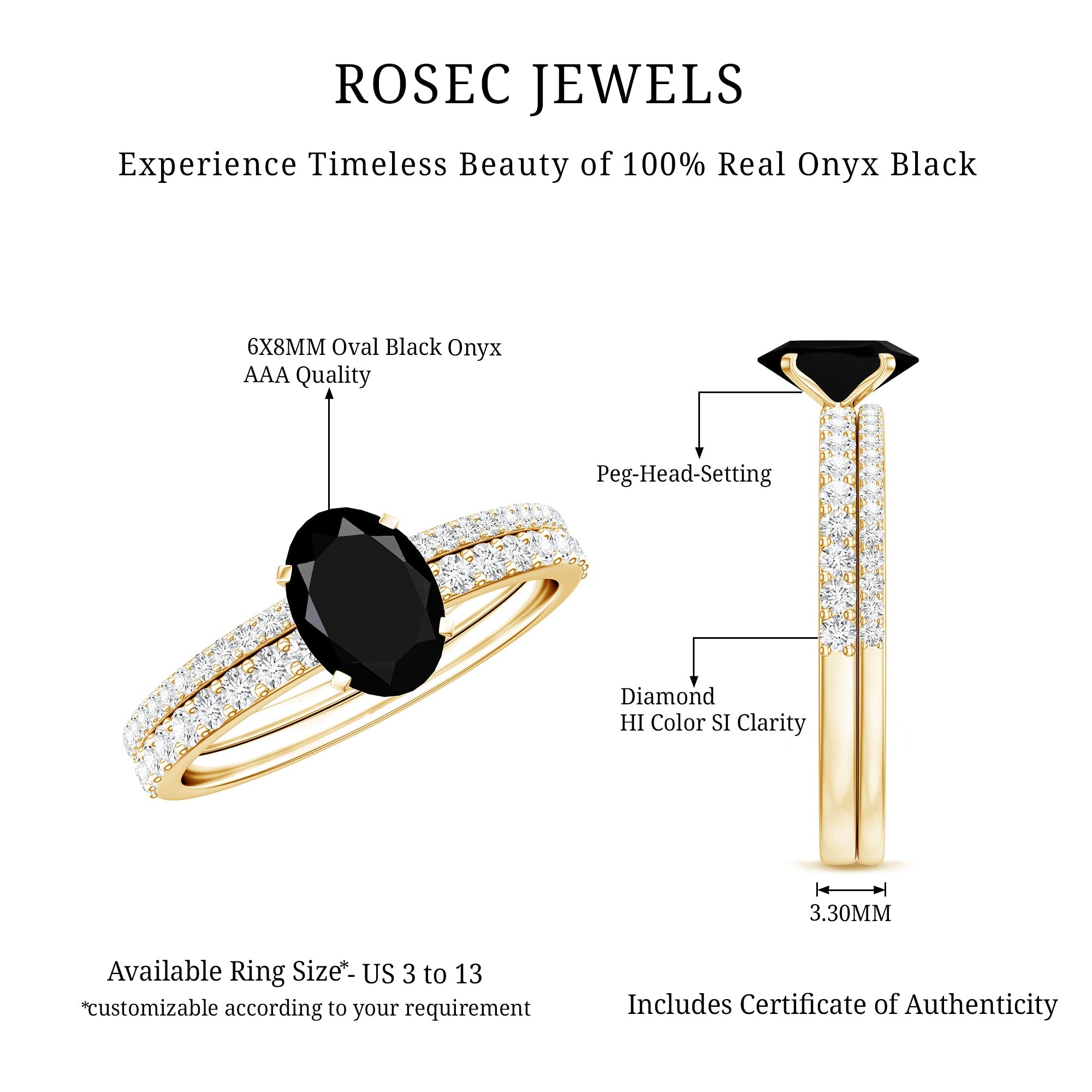 1 Carat Oval Cut Black Onyx Solitaire Rings Set with Diamond Wedding Band