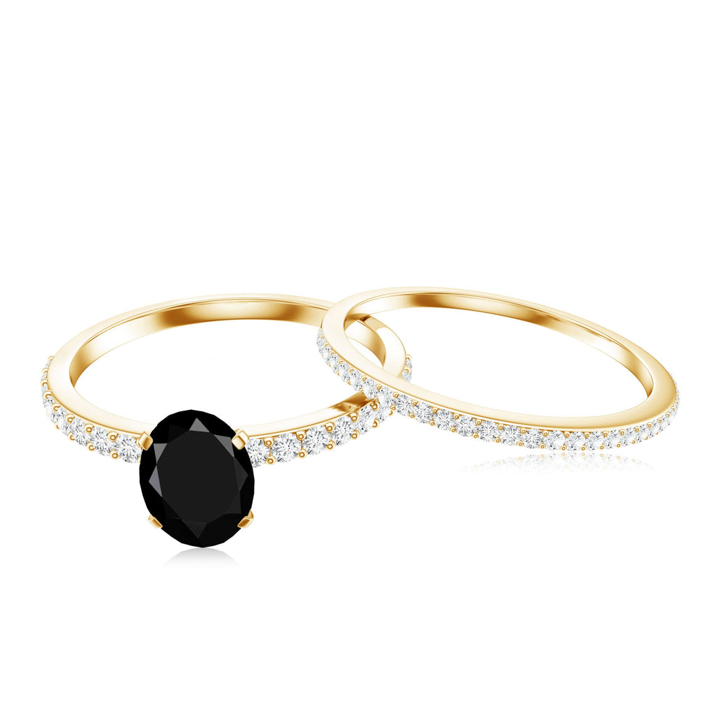 1 Carat Oval Cut Black Onyx Solitaire Rings Set with Diamond Wedding Band
