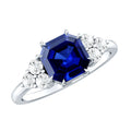 Certified 4.8 Carat Asscher Cut Lab Grown Blue Sapphire Engagement Ring with Diamond Trio