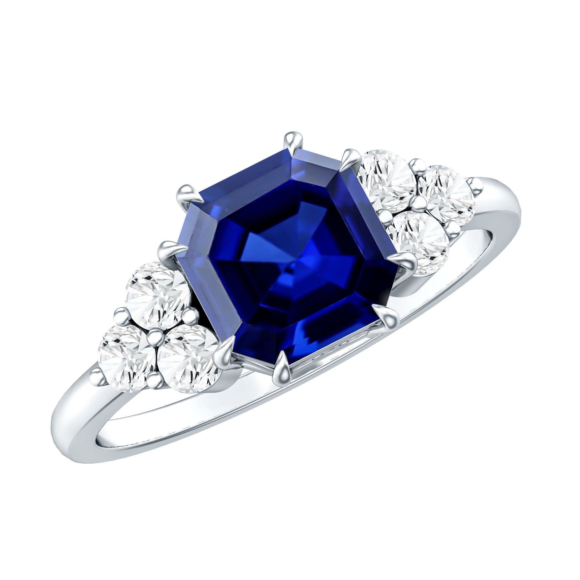 Certified 4.8 Carat Asscher Cut Lab Grown Blue Sapphire Engagement Ring with Diamond Trio