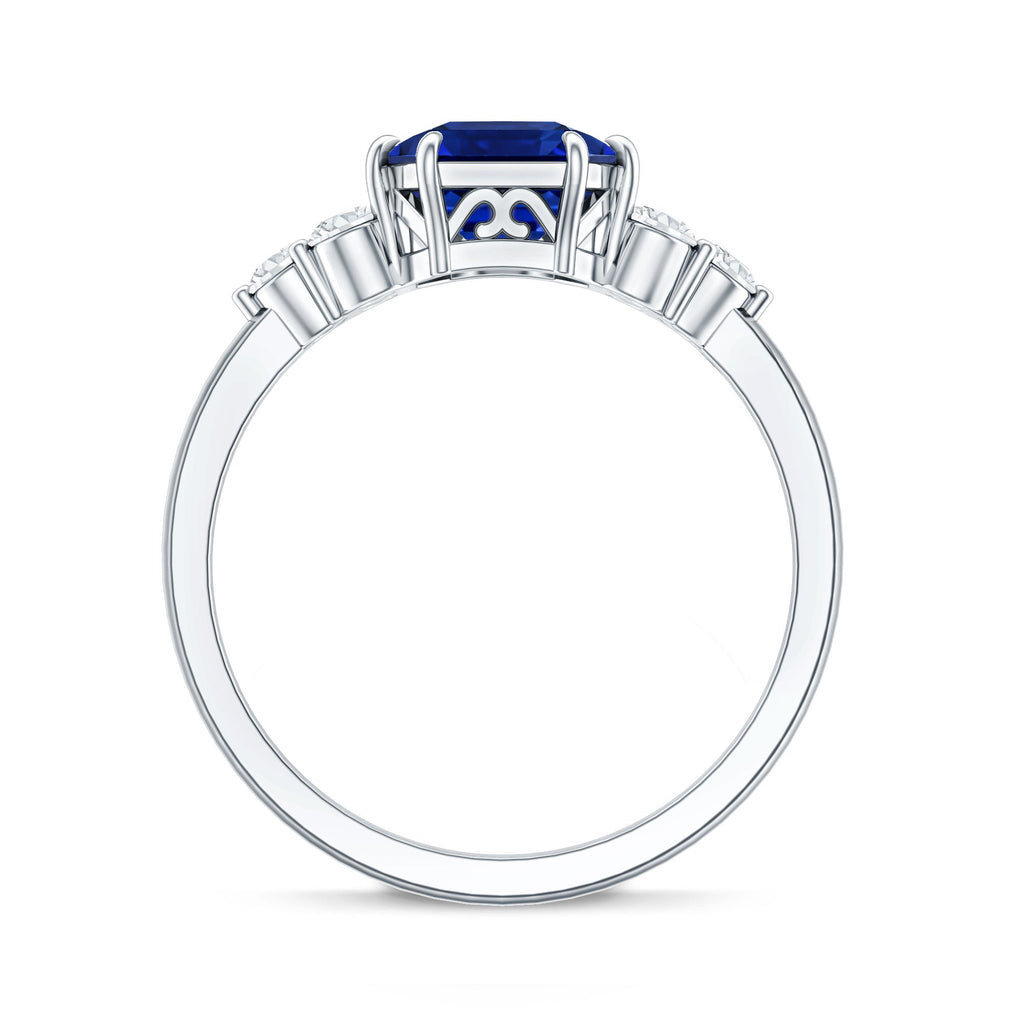 Certified 4.8 Carat Asscher Cut Lab Grown Blue Sapphire Engagement Ring with Diamond Trio