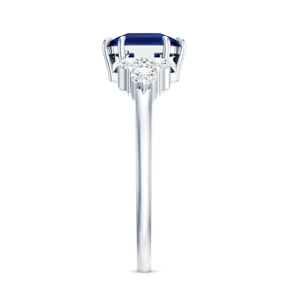 Certified 4.8 Carat Asscher Cut Lab Grown Blue Sapphire Engagement Ring with Diamond Trio