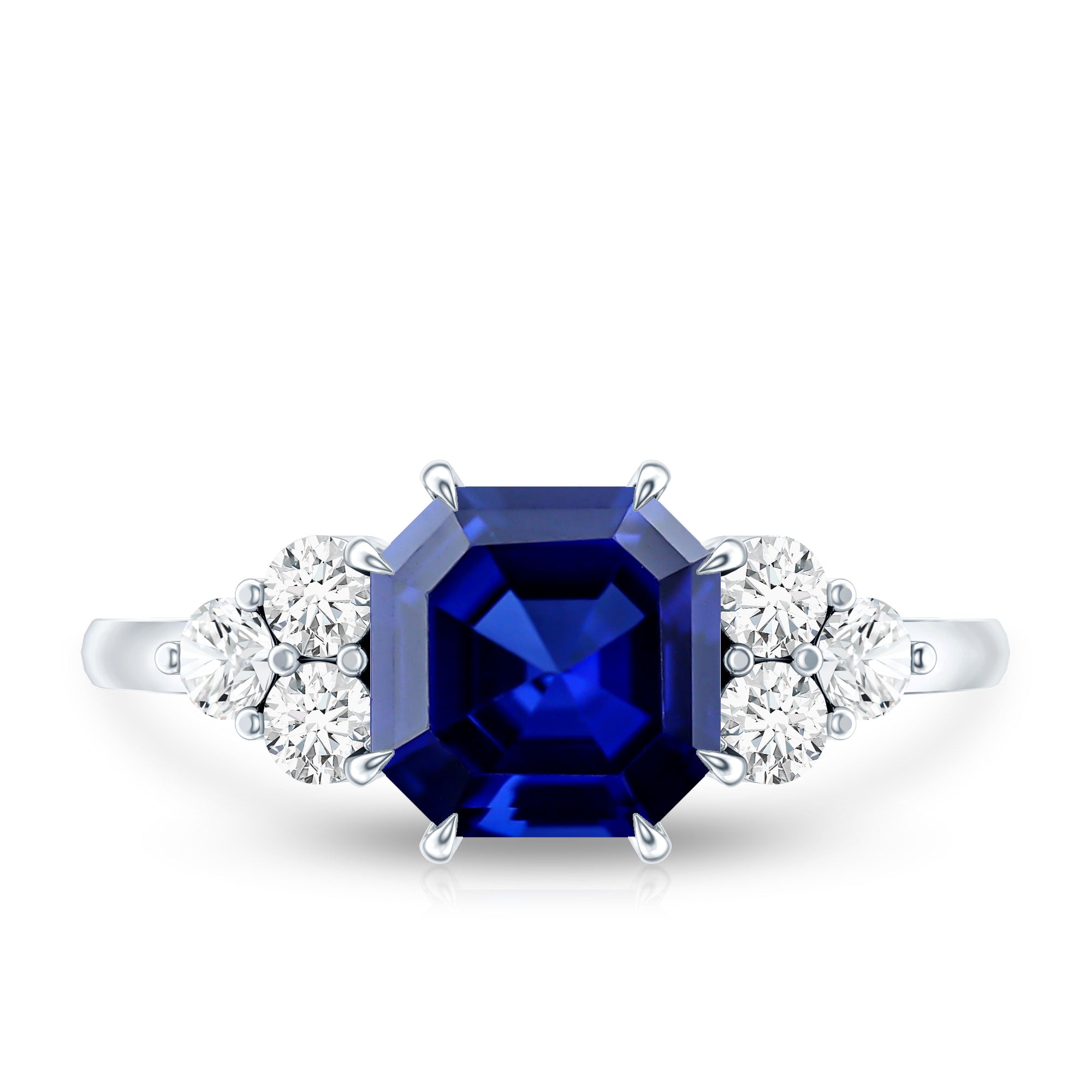Certified 4.8 Carat Asscher Cut Lab Grown Blue Sapphire Engagement Ring with Diamond Trio