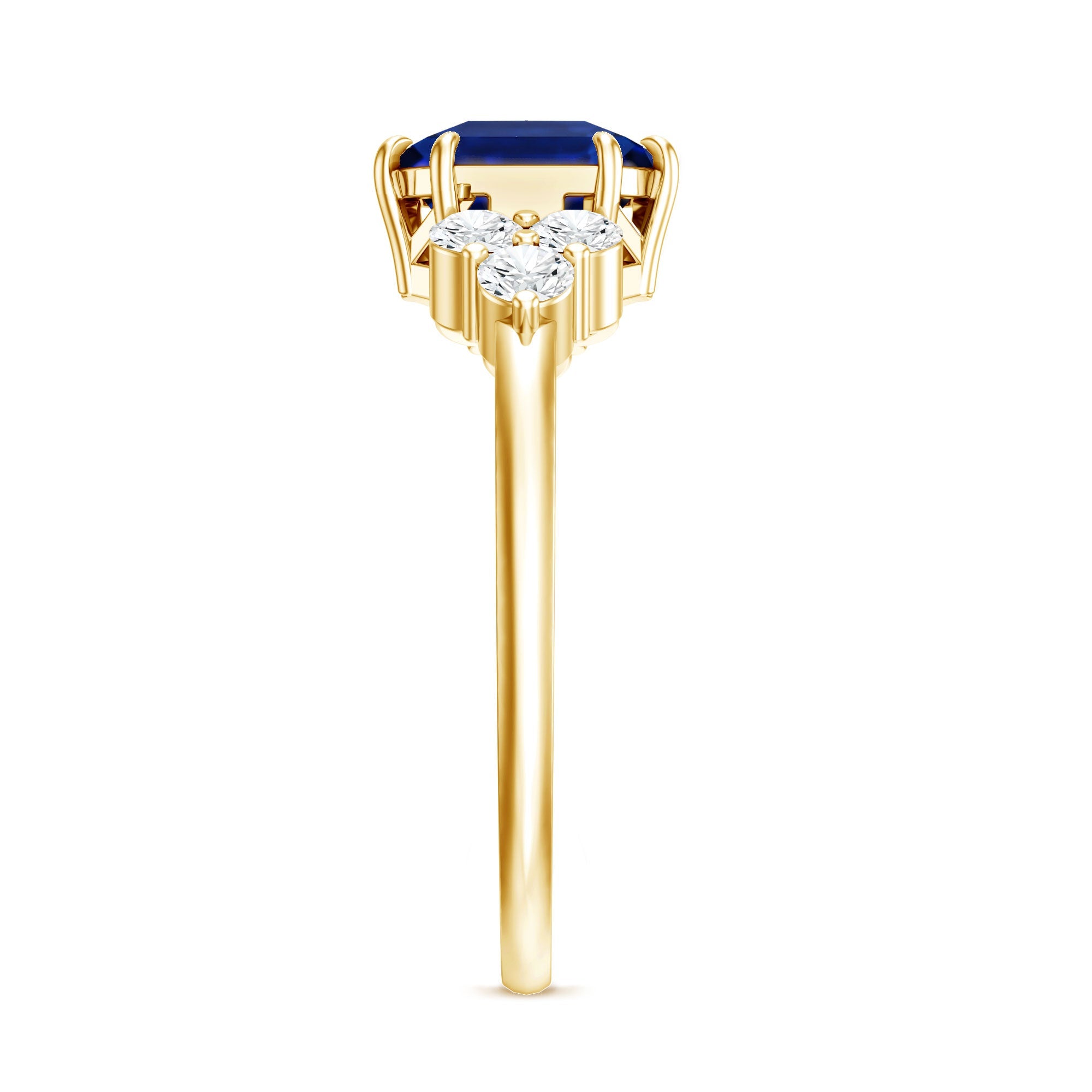 Certified 4.8 Carat Asscher Cut Lab Grown Blue Sapphire Engagement Ring with Diamond Trio