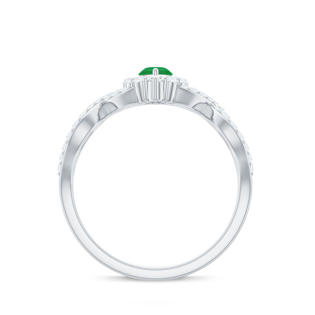 Natural Marquise Emerald Diamond Halo Engagement Ring with Crossover Shank