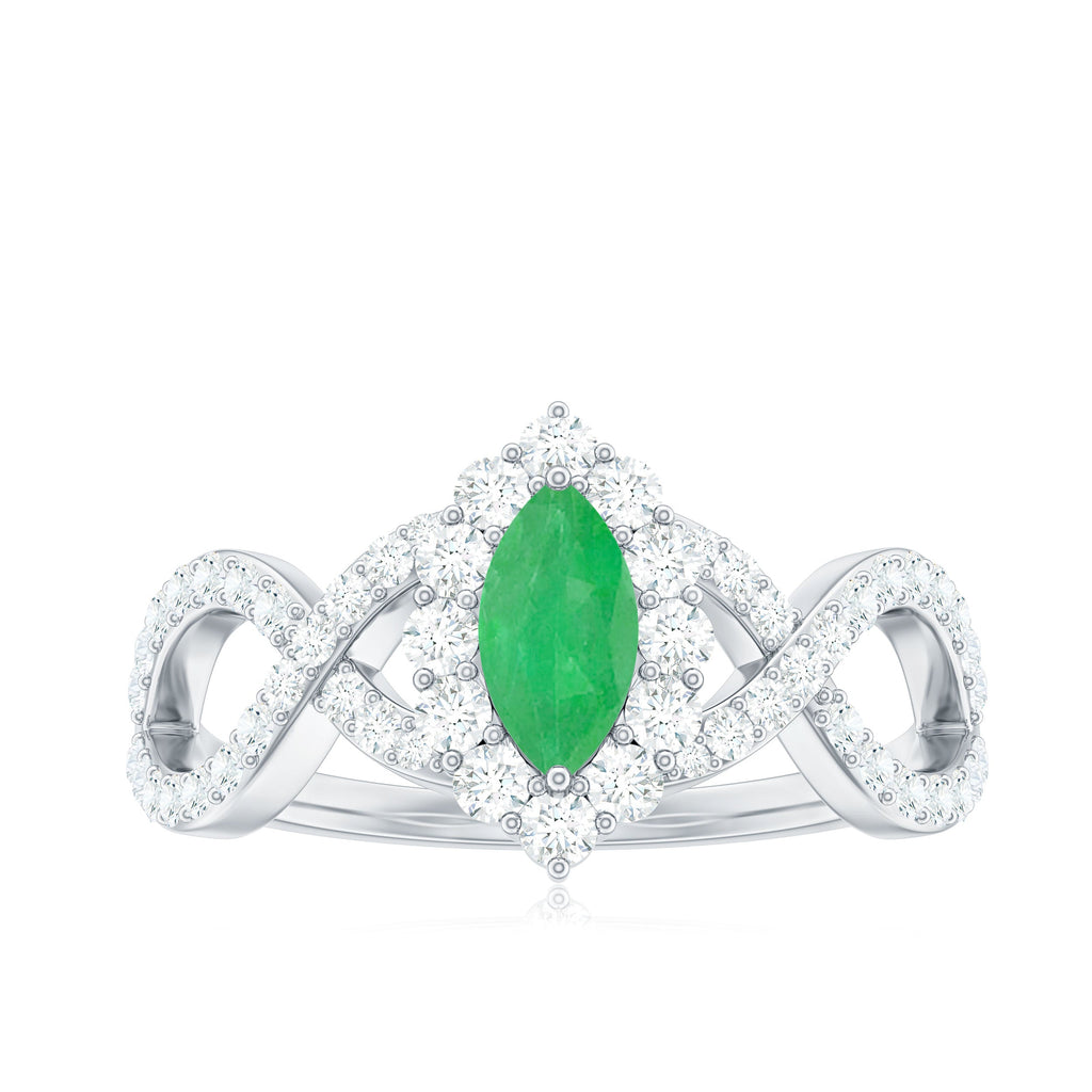 Natural Marquise Emerald Diamond Halo Engagement Ring with Crossover Shank