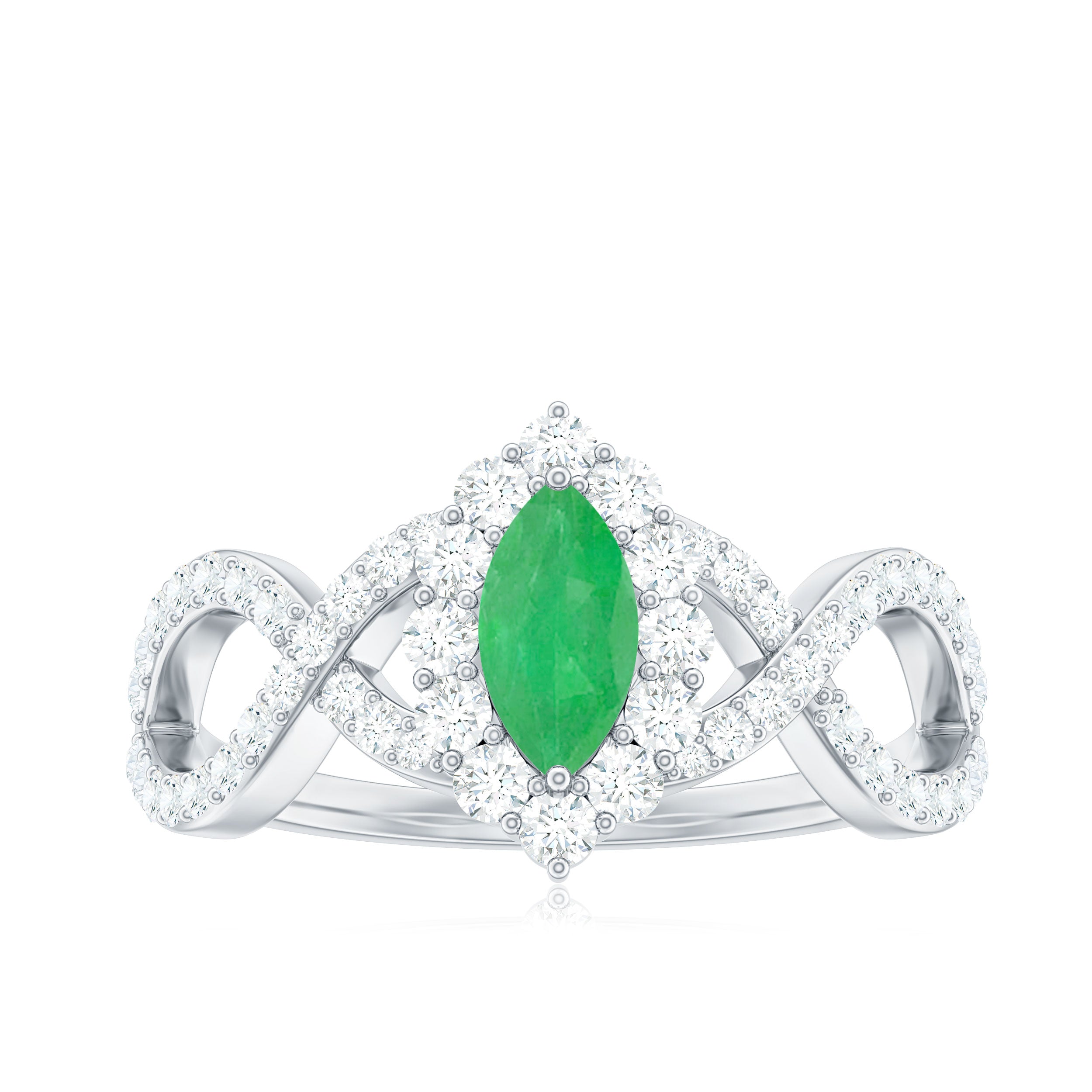 Natural Marquise Emerald Diamond Halo Engagement Ring with Crossover Shank