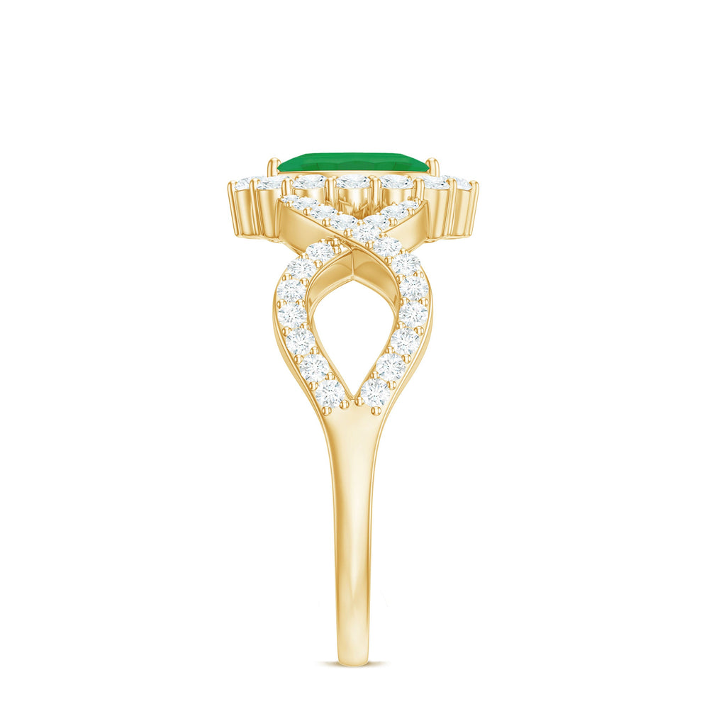 Natural Marquise Emerald Diamond Halo Engagement Ring with Crossover Shank