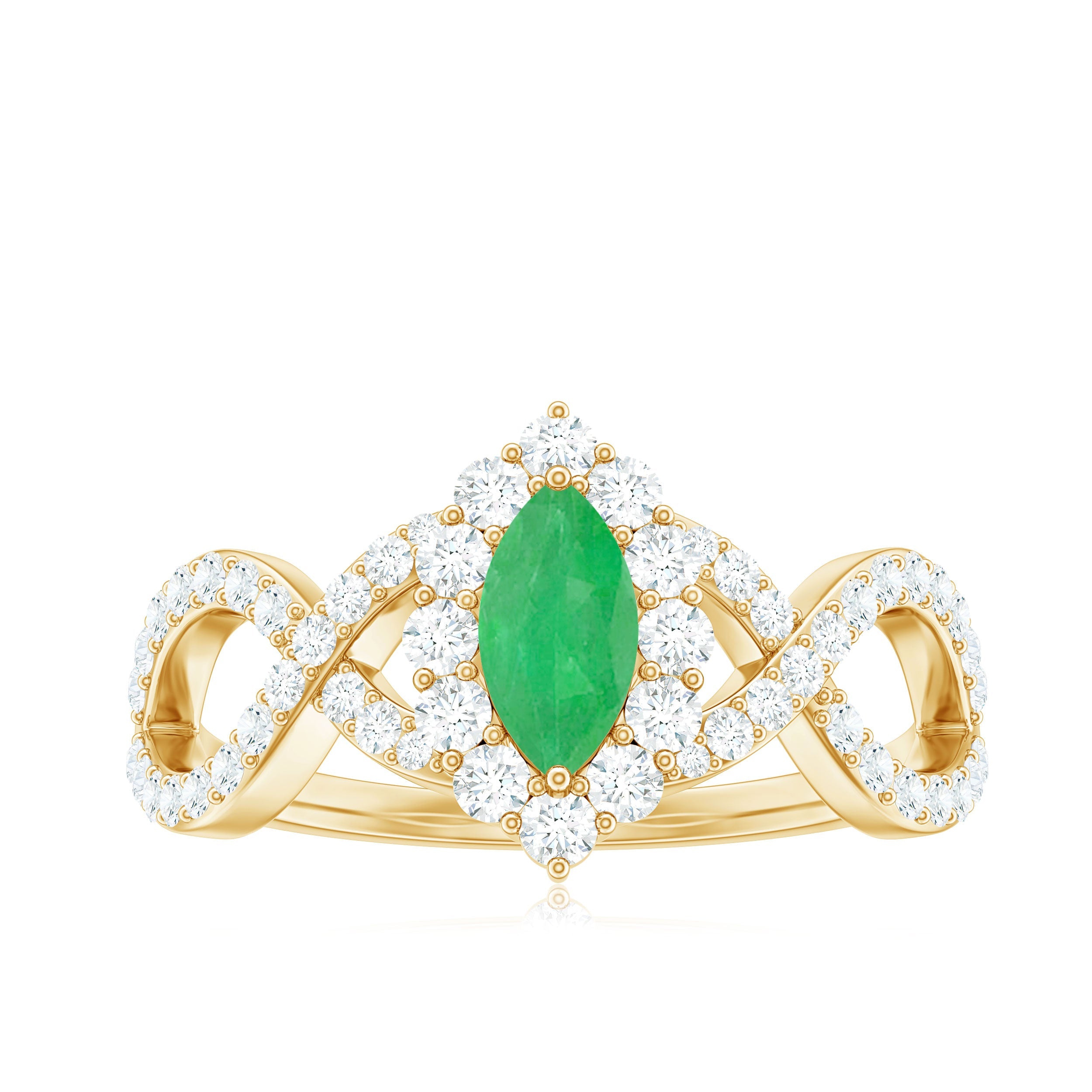 Natural Marquise Emerald Diamond Halo Engagement Ring with Crossover Shank
