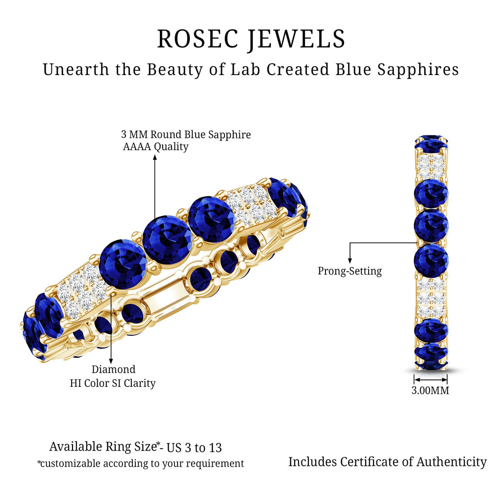 Certified Lab Grown Blue Sapphire Eternity Band Ring with Diamond