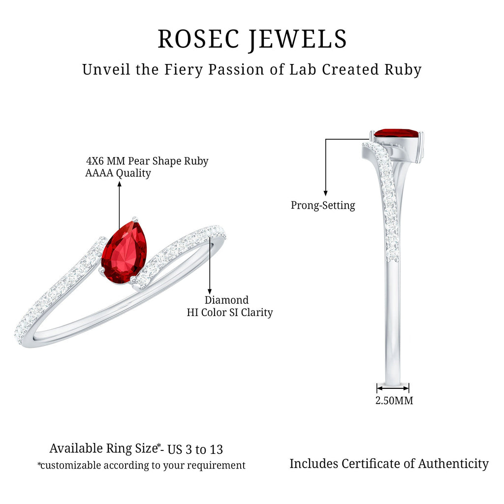 Pear Shape Lab Grown Ruby and Diamond Bypass Promise Ring