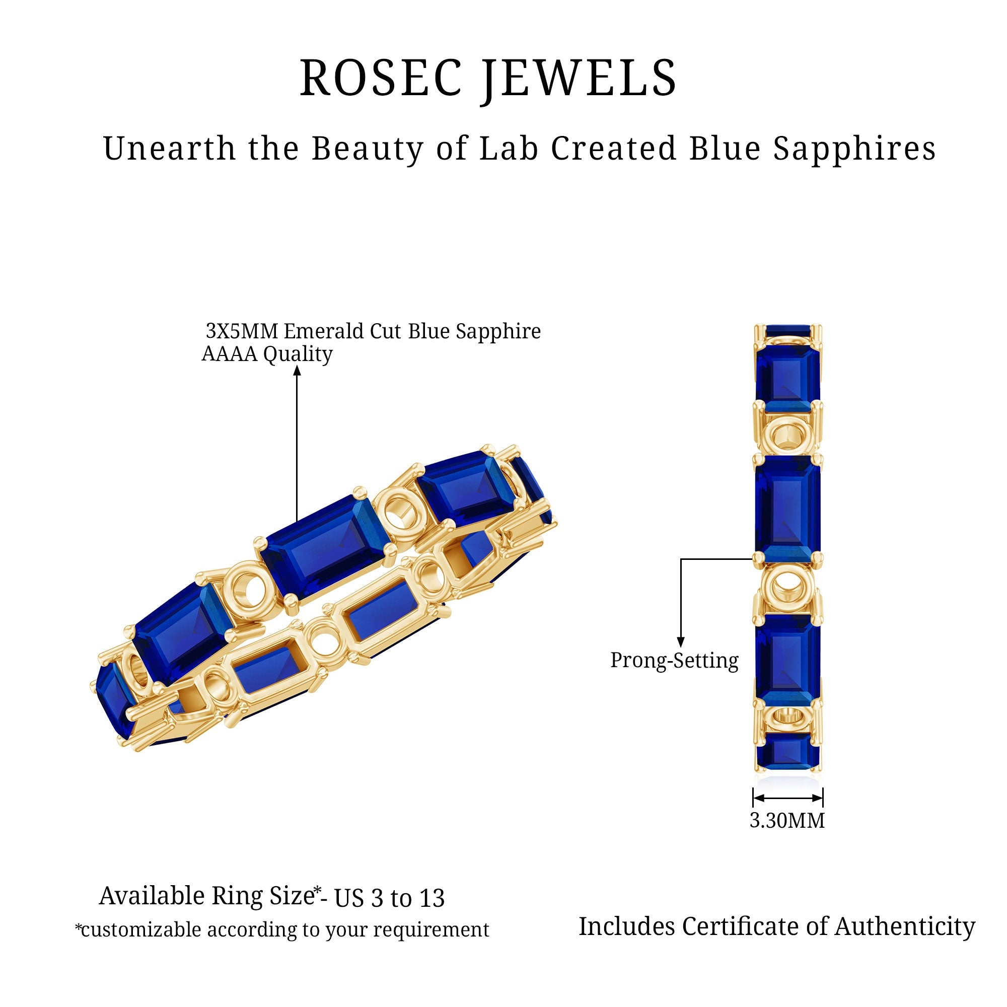 Certified Lab Grown Blue Sapphire Emerald Cut Eternity Band Ring