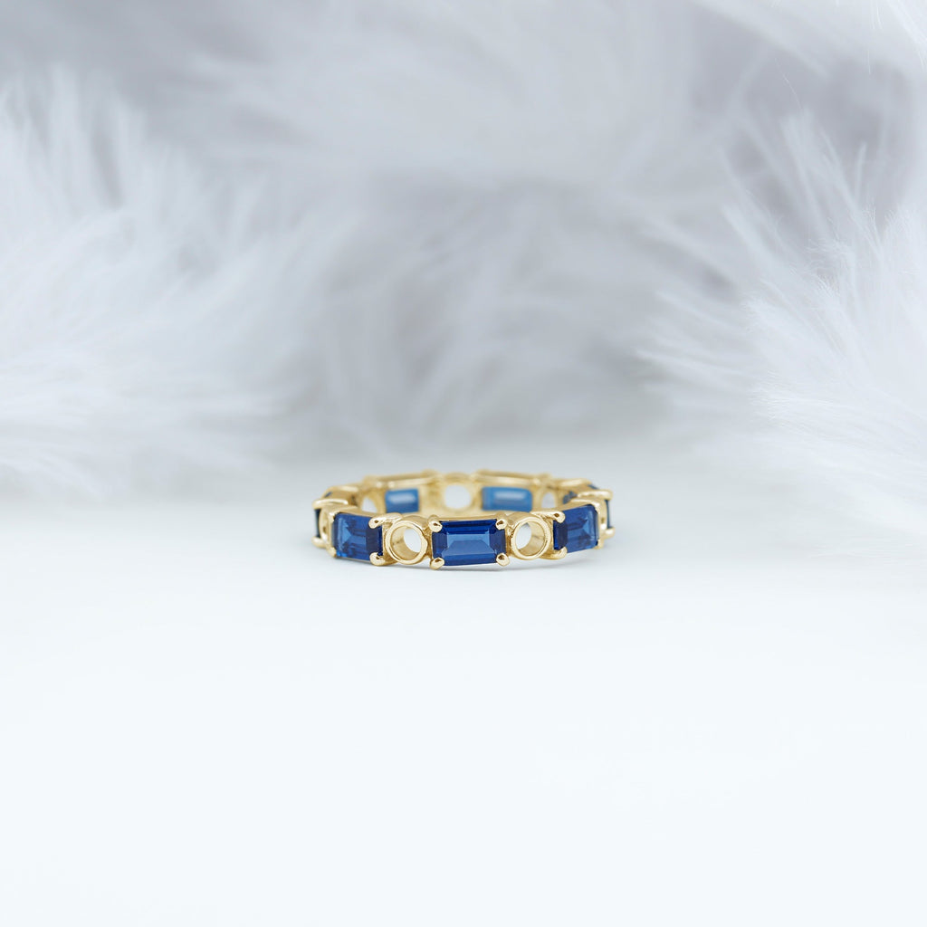 Certified Lab Grown Blue Sapphire Emerald Cut Eternity Band Ring