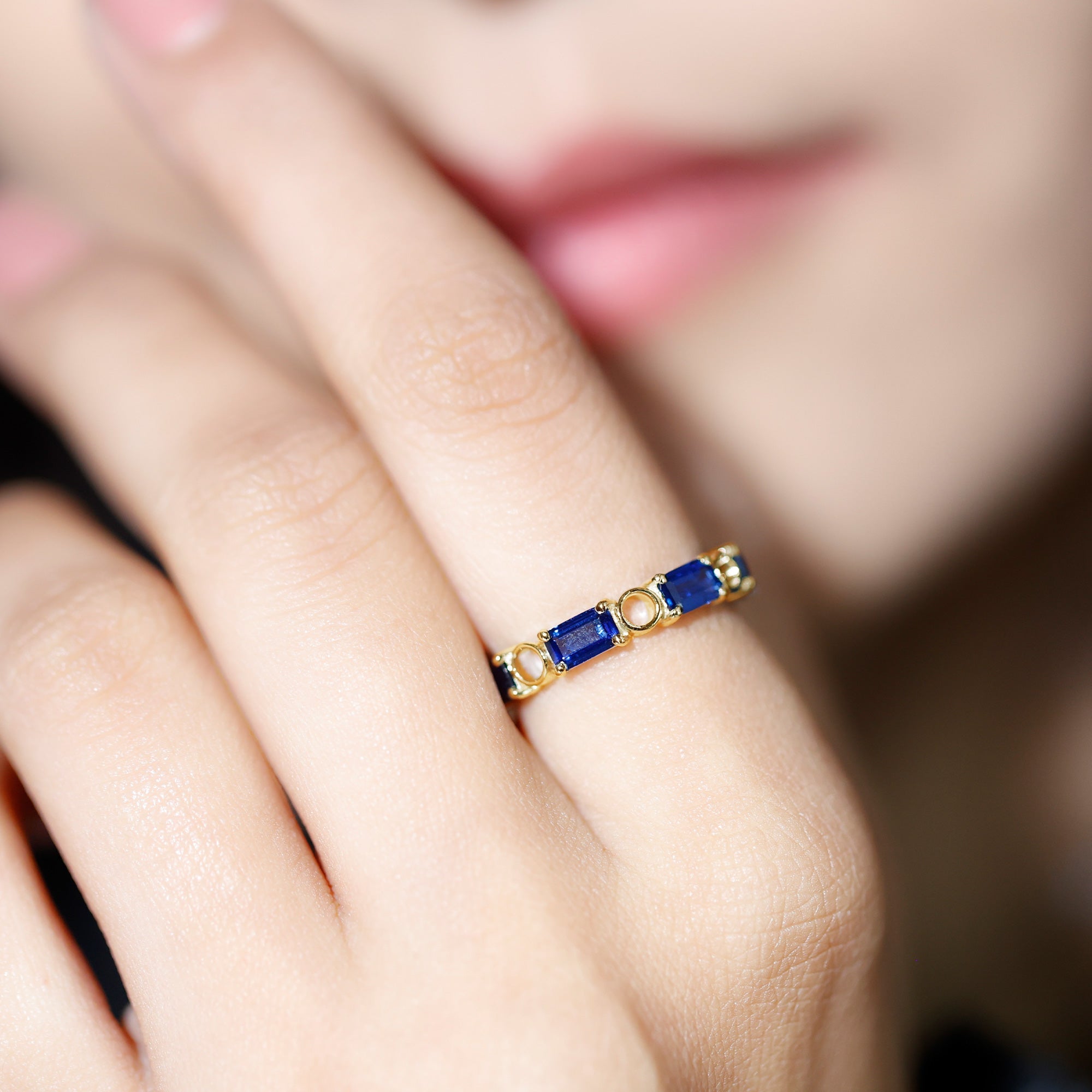 Certified Lab Grown Blue Sapphire Emerald Cut Eternity Band Ring