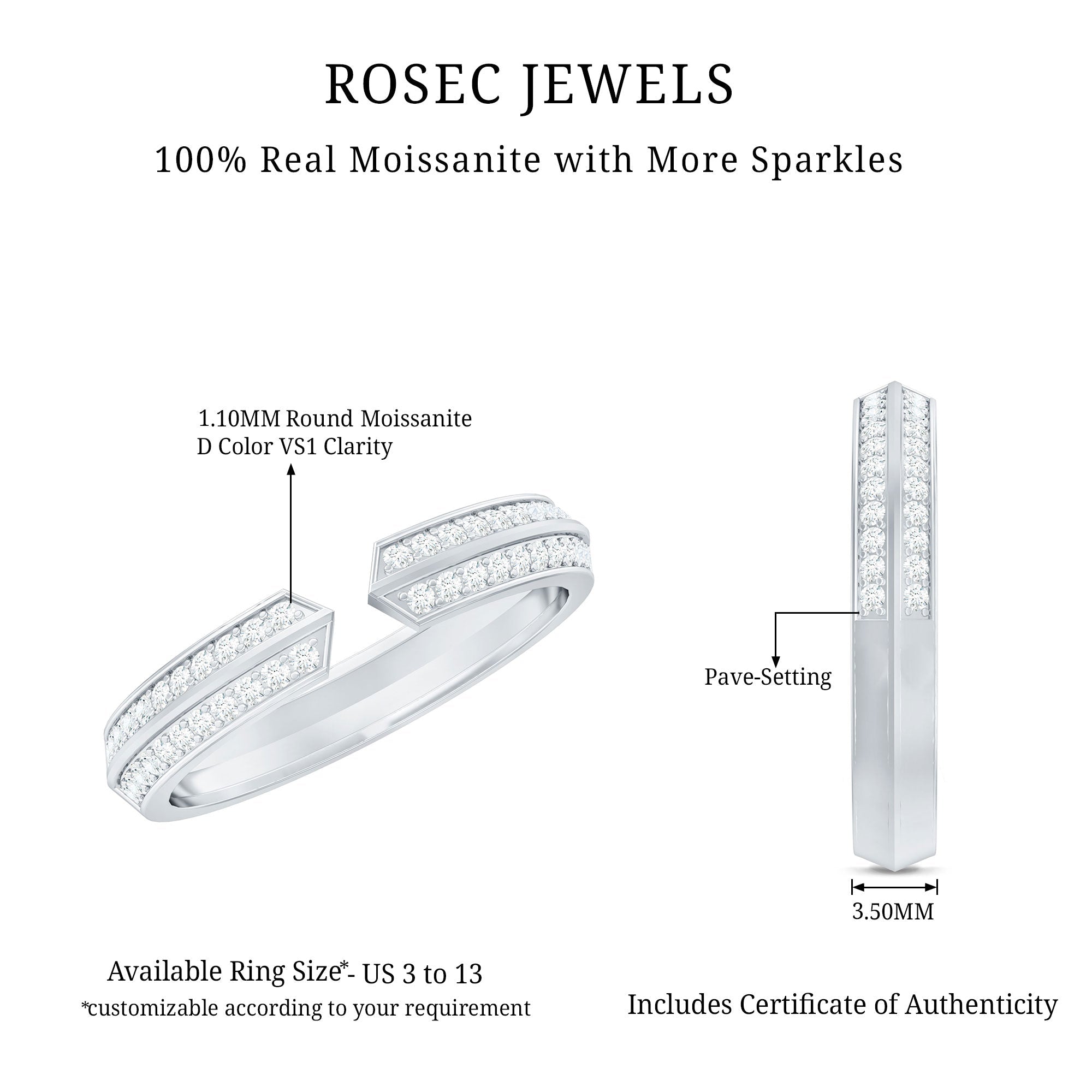 Certified Moissanite Open Cuff Ring for Women