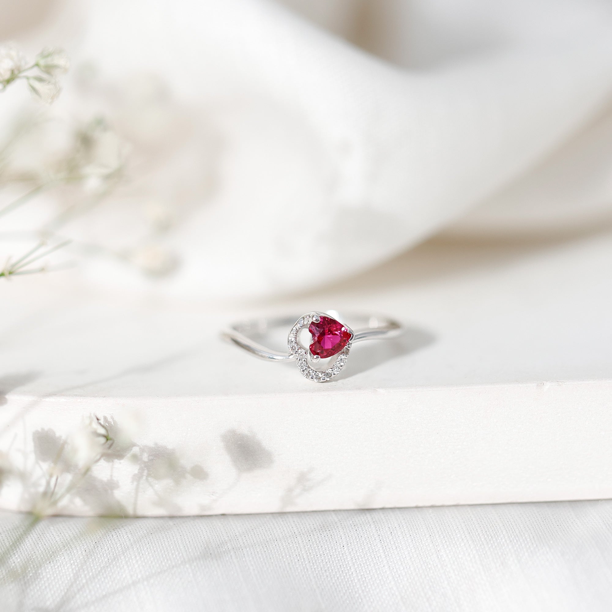 Heart Shape Lab Grown Ruby and Diamond Twisted Promise Ring
