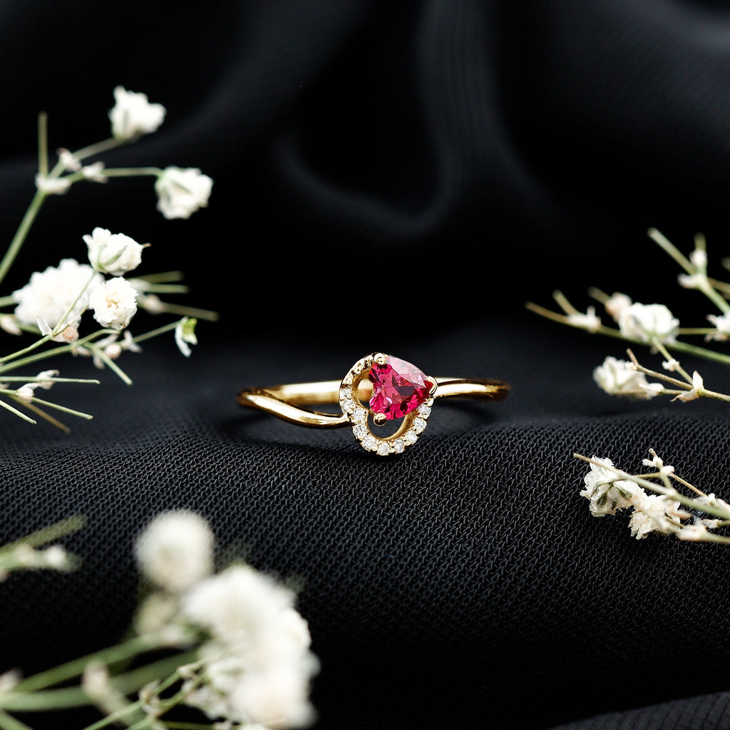 Heart Shape Lab Grown Ruby and Diamond Twisted Promise Ring