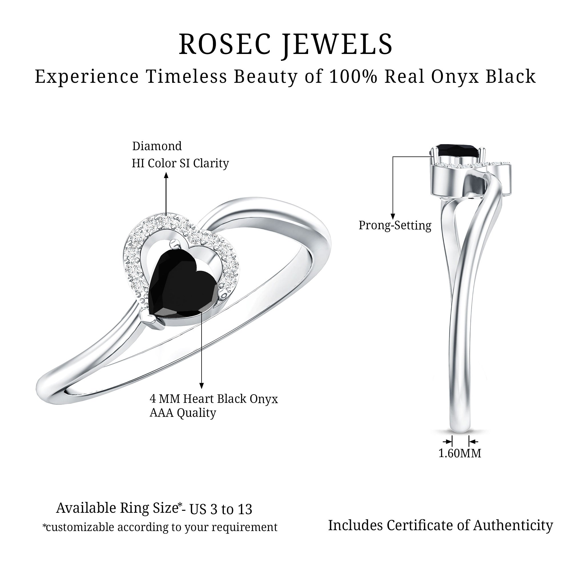 Genuine Black Onyx and Diamond Heart Promise Ring