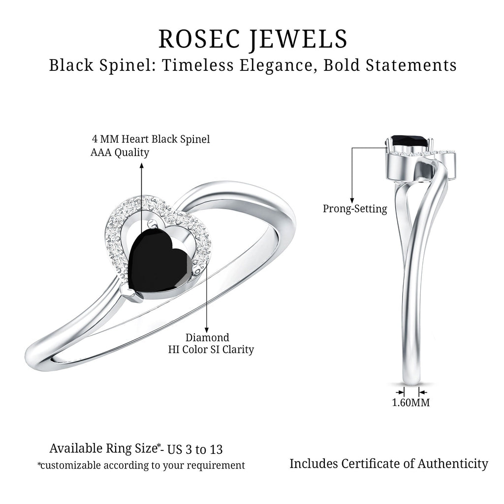Natural Black Spinel Heart Promise Ring with Diamond