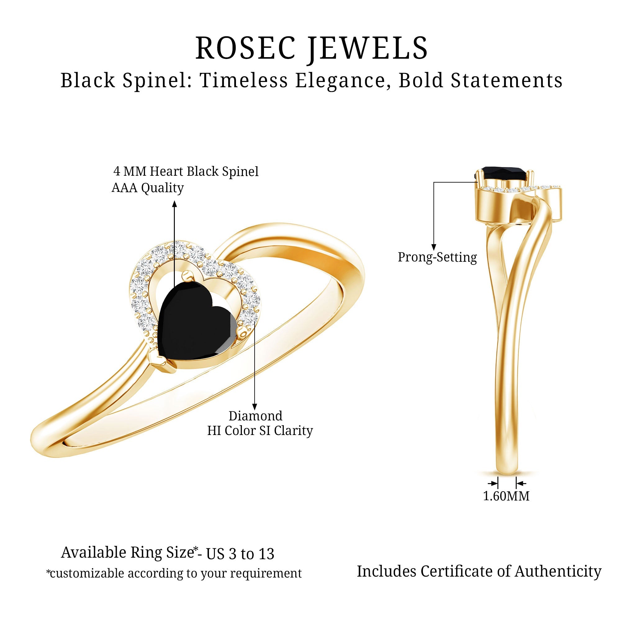Natural Black Spinel Heart Promise Ring with Diamond