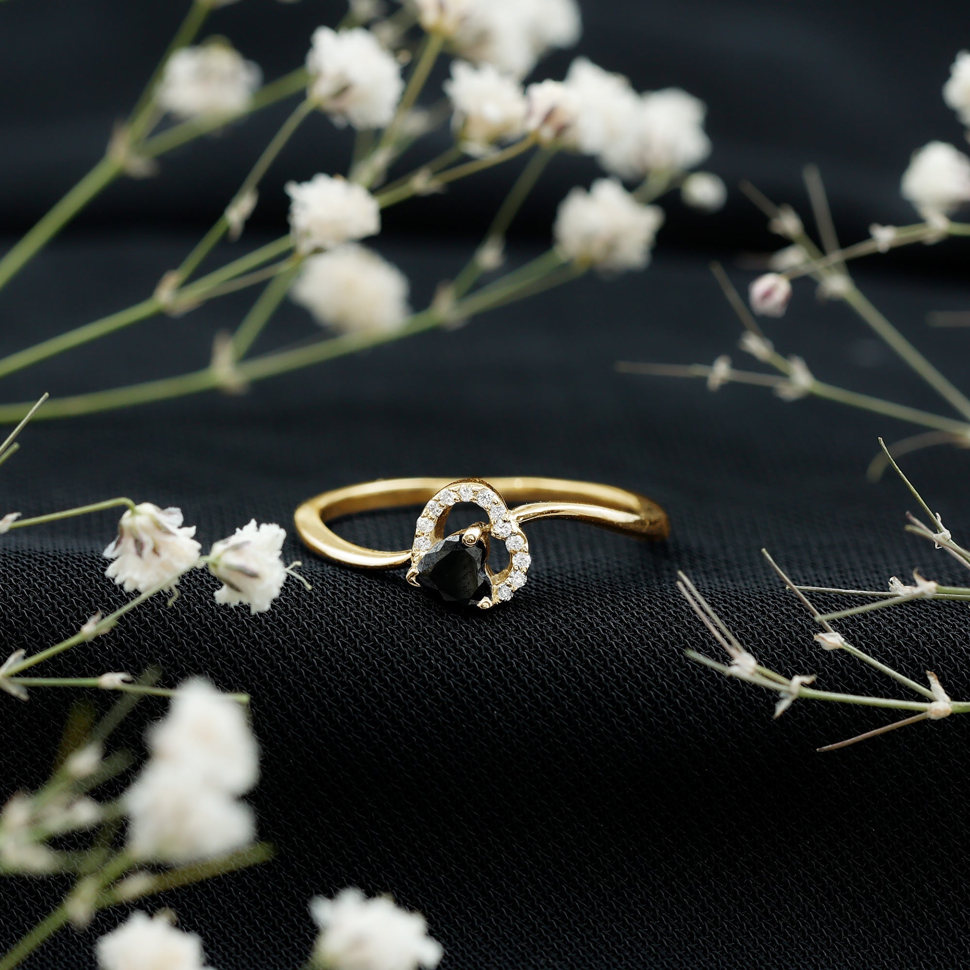 Natural Black Spinel Heart Promise Ring with Diamond
