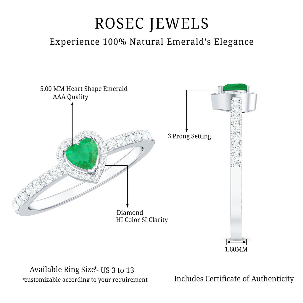 Natural Emerald Heart Promise Engagement Ring with Diamond Halo