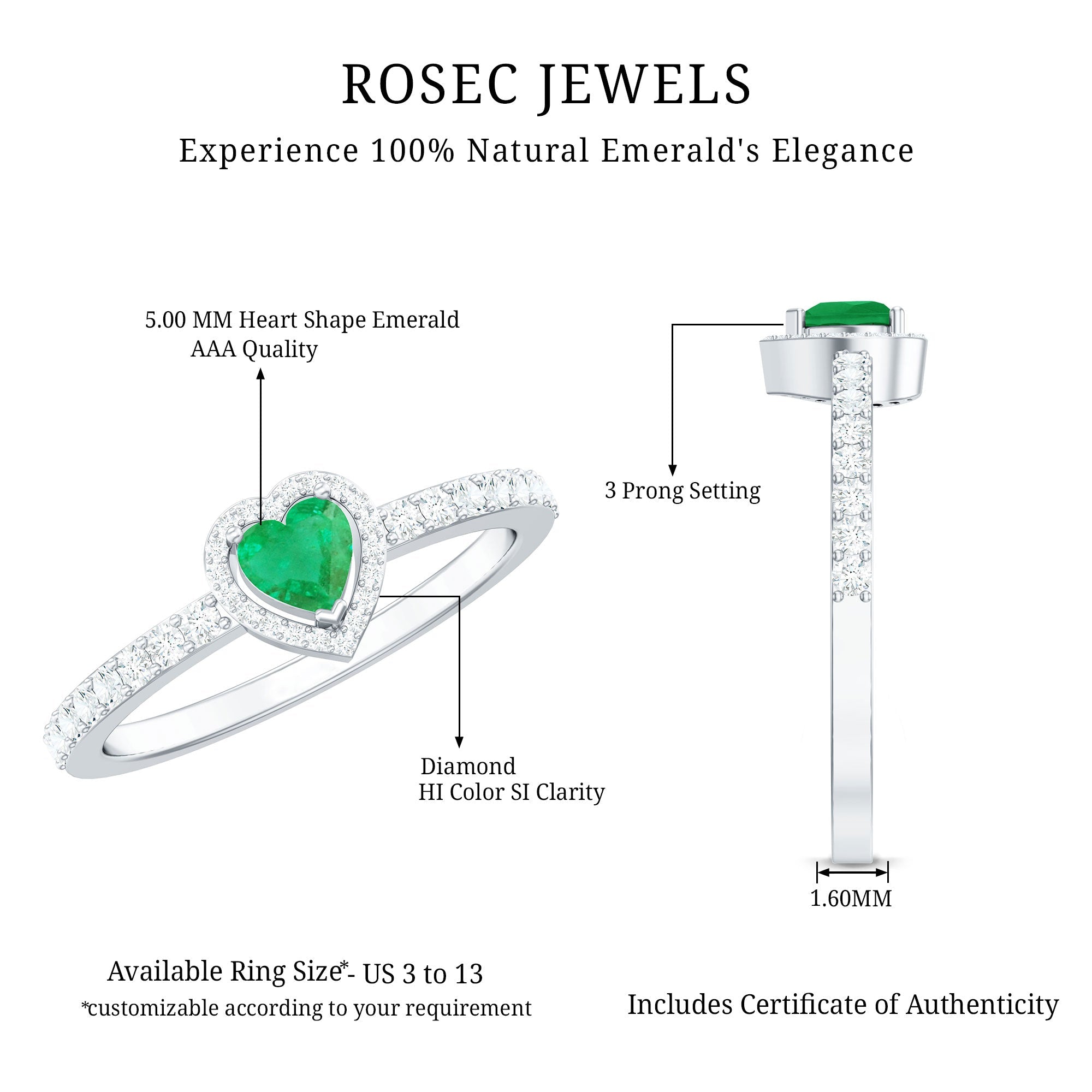 Natural Emerald Heart Promise Engagement Ring with Diamond Halo