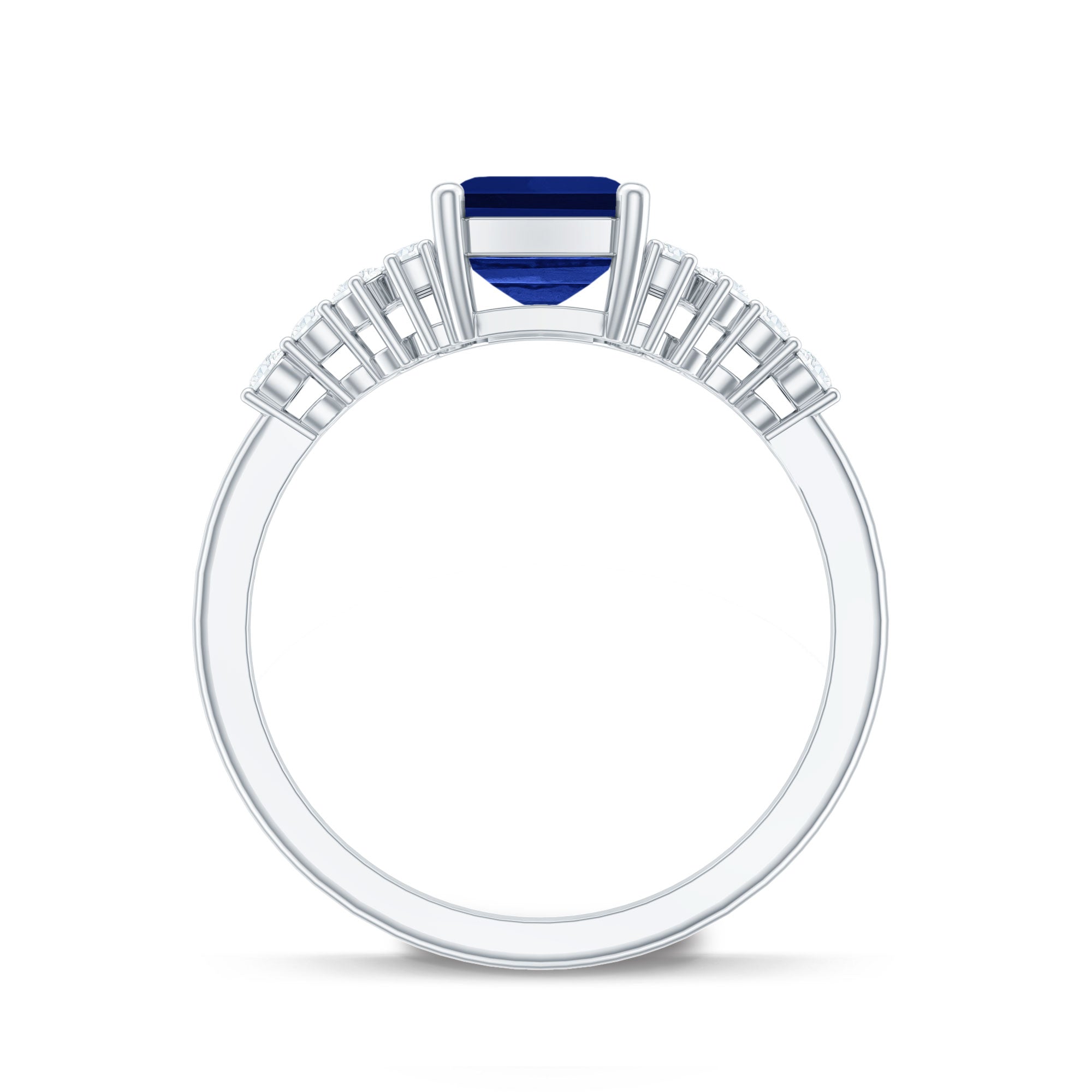 1.7 Carat Emerald Cut Lab Created Blue Sapphire Vintage Inspired Engagement Ring with Diamond