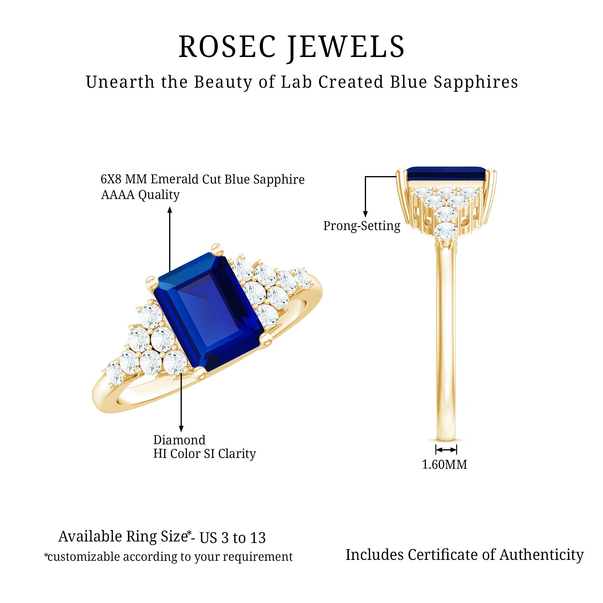 1.7 Carat Emerald Cut Lab Created Blue Sapphire Vintage Inspired Engagement Ring with Diamond