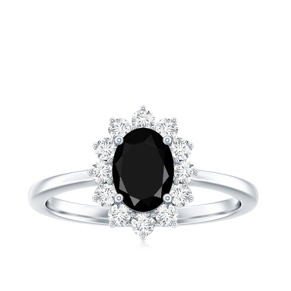1.9 Carat Lab Grown Black Diamond Oval Engagement Ring with White Diamond Halo