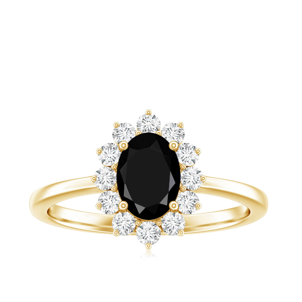 1.9 Carat Lab Grown Black Diamond Oval Engagement Ring with White Diamond Halo