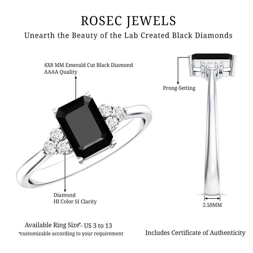 1.6 Carat Lab Grown Black Diamond Emerald Cut Engagement Ring with White Diamond